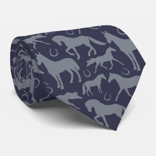 Grey Horses and Horseshoe Print on Navy Blue Tie