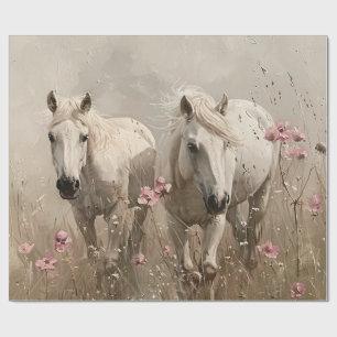 Grey Horses Pink Flowers Oil Painting Decoupage Wrapping Paper