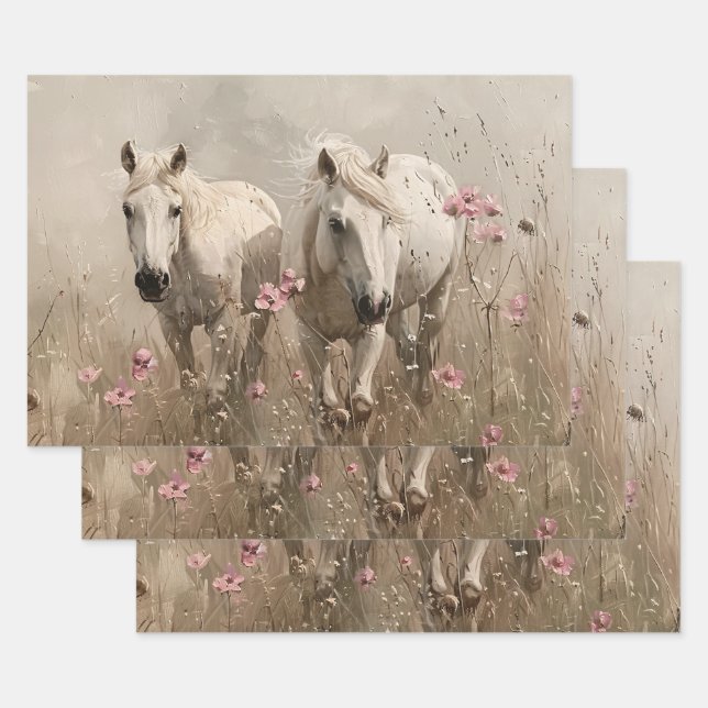 Grey Horses Pink Flowers Oil Painting Decoupage Wrapping Paper Sheet (Set)