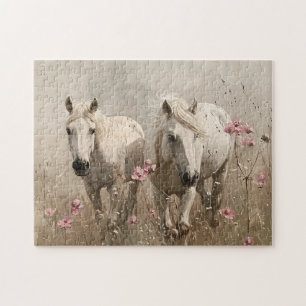 Grey Horses Pink Flowers Oil Painting Jigsaw Puzzle