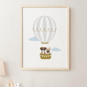 Grey Hot Air Balloon Puppies Nursery Decor Poster