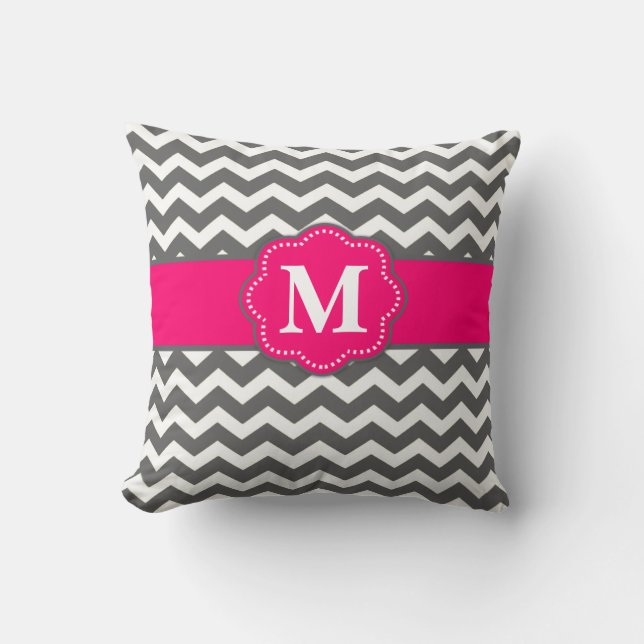 Grey Hot Pink Chevron Monogram Pillow (Front)