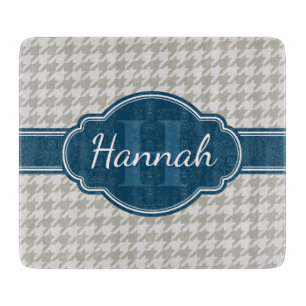 Grey Houndstooth Pattern Navy Monogram Cutting Board