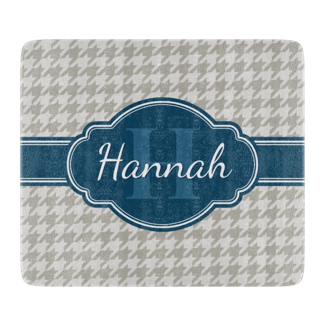 Grey Houndstooth Pattern Navy Monogram Cutting Board (Front)