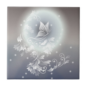 Grey Hues Floral Butterfly Fantasy Ceramic Tile