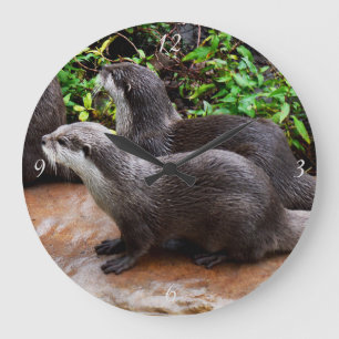 Grey Hungry Otters, Large Round Wall Clock