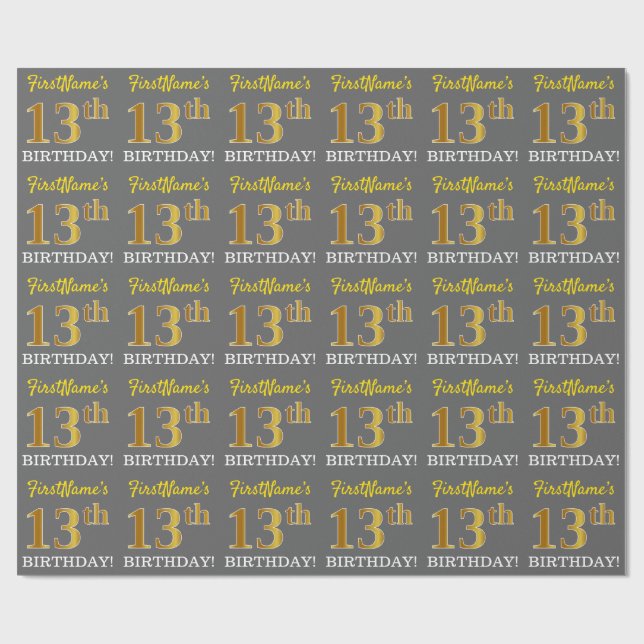 Grey, Imitation Gold Look "13th BIRTHDAY" Wrapping Paper (Flat)