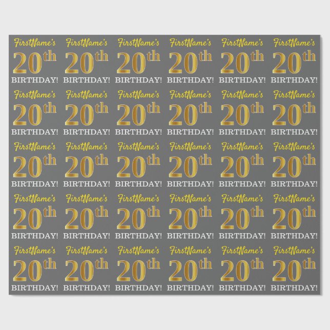 Grey, Imitation Gold Look "20th BIRTHDAY" Wrapping Paper (Flat)