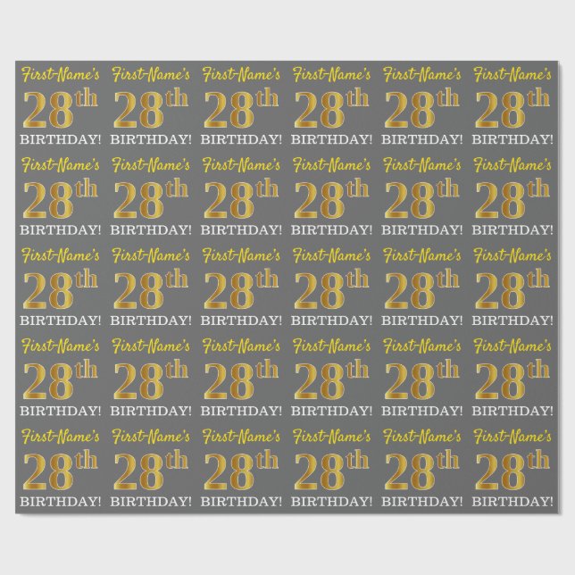 Grey, Imitation Gold Look "28th BIRTHDAY" Wrapping Paper (Flat)