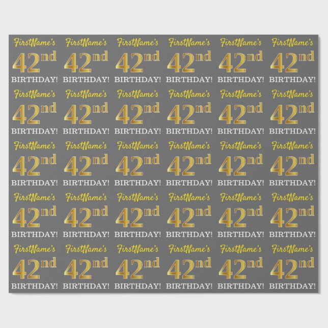 Grey, Imitation Gold Look "42nd BIRTHDAY" Wrapping Paper (Flat)