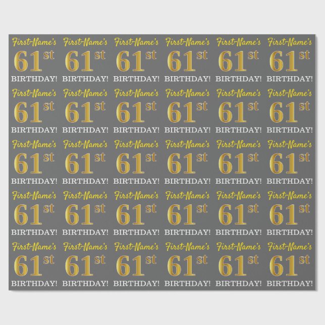 Grey, Imitation Gold Look "61st BIRTHDAY" Wrapping Paper (Flat)
