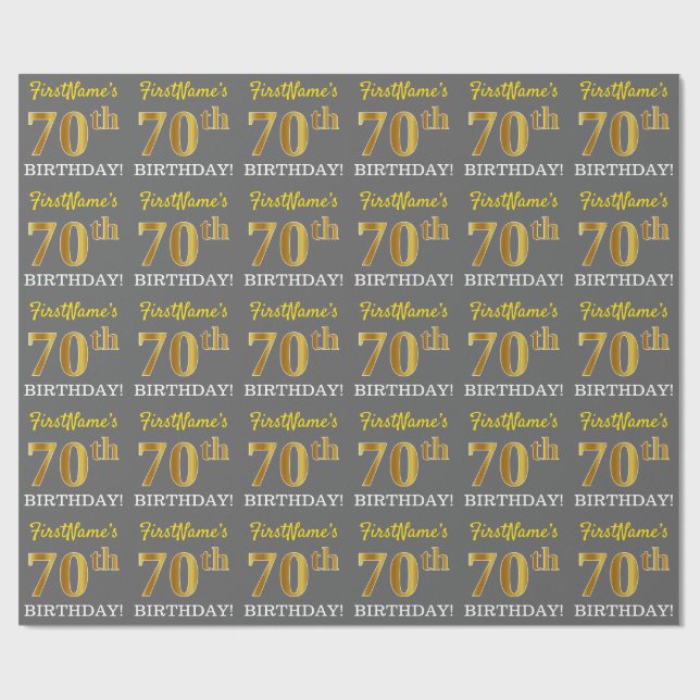 Grey, Imitation Gold Look "70th BIRTHDAY" Wrapping Paper (Flat)