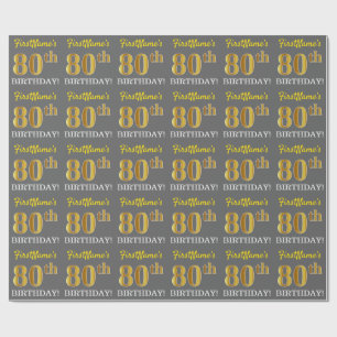 Grey, Imitation Gold Look "80th BIRTHDAY" Wrapping Paper