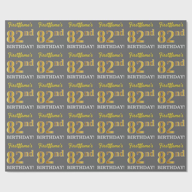 Grey, Imitation Gold Look "82nd BIRTHDAY" Wrapping Paper (Flat)