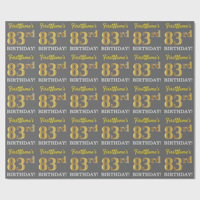 Grey, Imitation Gold Look "83rd BIRTHDAY" Wrapping Paper (Flat)