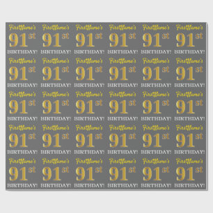 Grey, Imitation Gold Look "91st BIRTHDAY" Wrapping Paper