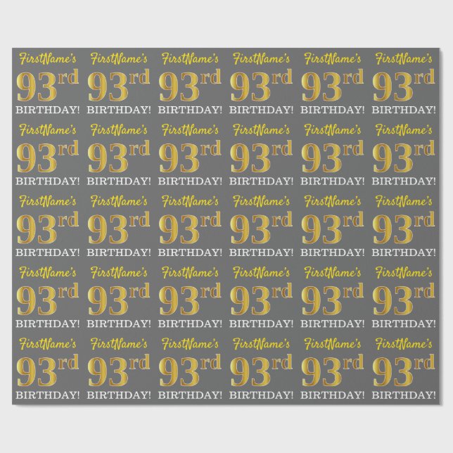 Grey, Imitation Gold Look "93rd BIRTHDAY" Wrapping Paper (Flat)