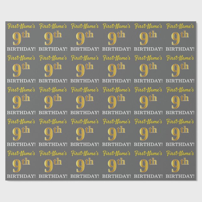 Grey, Imitation Gold Look "9th BIRTHDAY" Wrapping Paper (Flat)