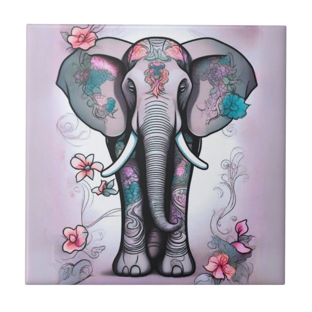 Grey Indian Elephant Embellished with Flowers Ceramic Tile (Front)