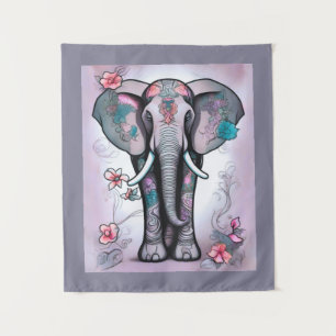 Grey Indian Elephant Embellished with Flowers Tapestry