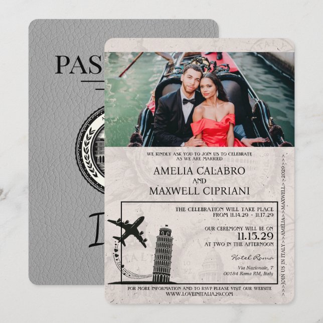 Grey Italy Passport Wedding Invitation (Front/Back)