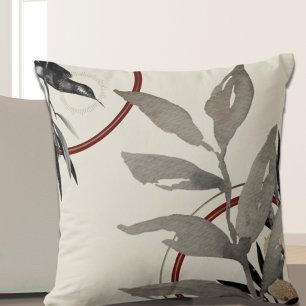 Grey Ivory & Burgundy Abstract Watercolor Leaves Cushion