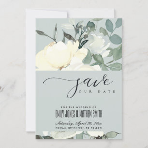 GREY IVORY WHITE AQUA FLORAL WATERCOLOR BUNCH SAVE THE DATE