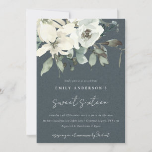 GREY IVORY WHITE FLORAL BUNCH SWEET 16 BIRTHDAY INVITATION
