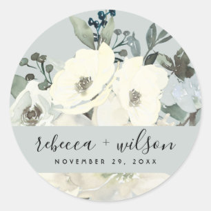 GREY IVORY WHITE FLORAL WATERCOLOR BUNCH WEDDING CLASSIC ROUND STICKER