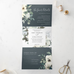 GREY IVORY WHITE FLORAL WATERCOLOR BUNCH WEDDING Tri-Fold INVITATION