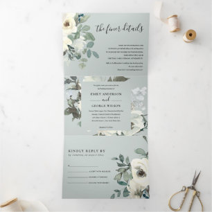 GREY IVORY WHITE FLORAL WATERCOLOR BUNCH WEDDING Tri-Fold INVITATION