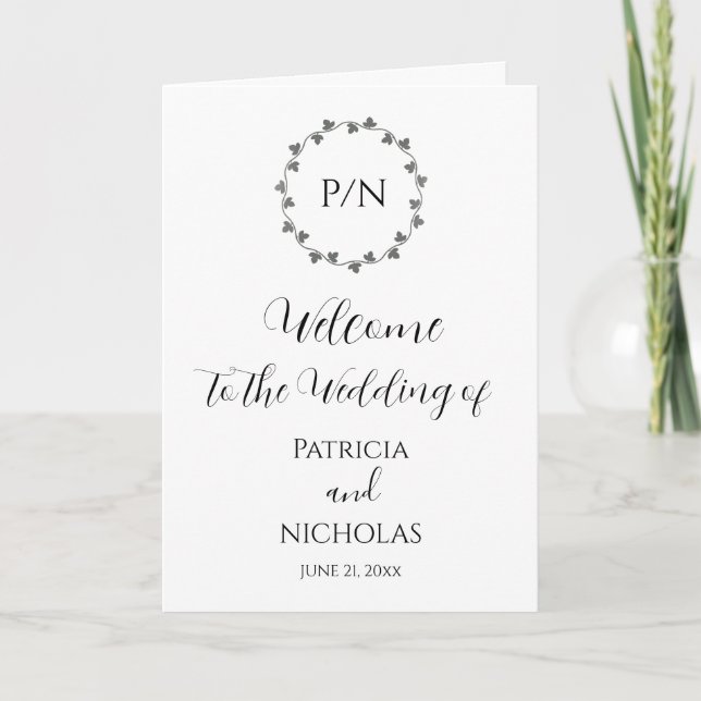 Grey Ivy Wreath and Initials Wedding Program (Front)