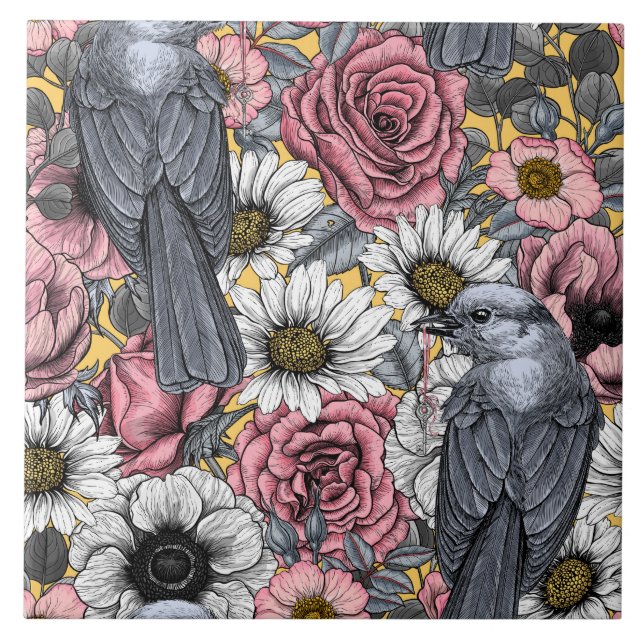 Grey jays and flowers ceramic tile (Front)