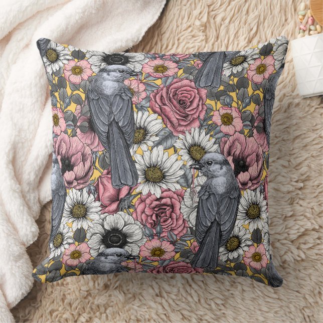 Grey jays and flowers cushion (Blanket)