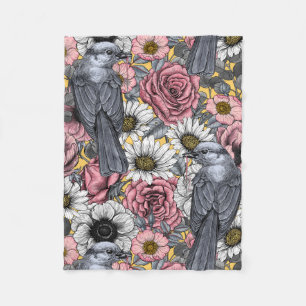 Grey jays and flowers fleece blanket