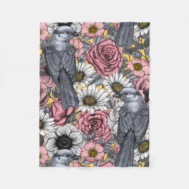 Grey jays and flowers fleece blanket (Front)