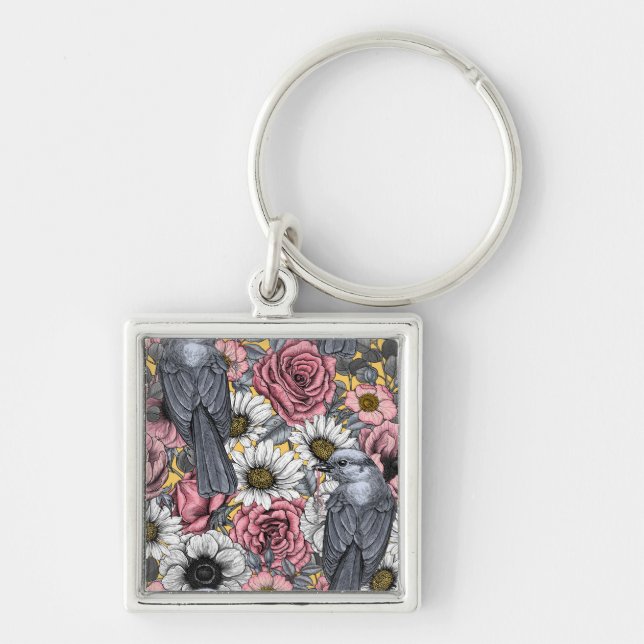 Grey jays and flowers key ring (Front)