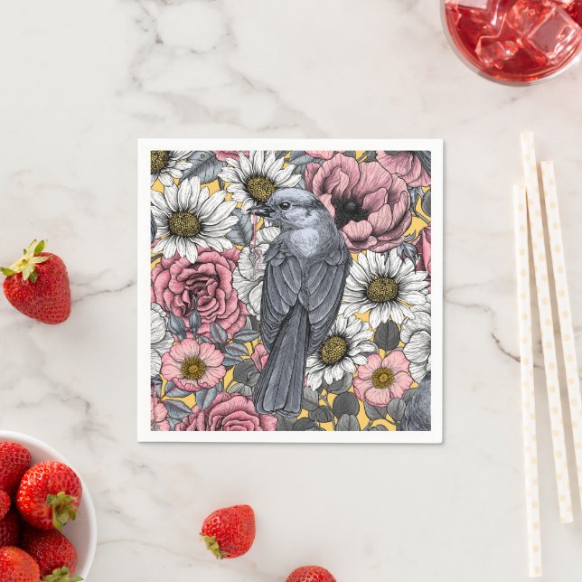 Grey jays and flowers napkin (Insitu)
