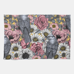 Grey jays and flowers tea towel