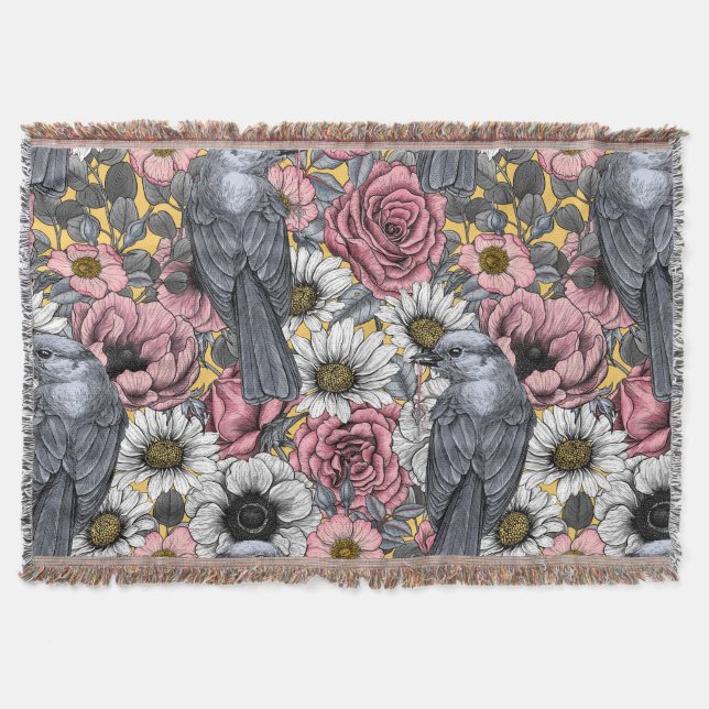 Grey jays and flowers throw blanket (Front)