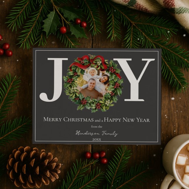 Grey Joy Christmas Wreath Photo Holiday Card (Gray Joy Christmas Wreath Photo Holiday Card)