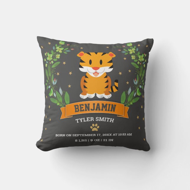 Grey Jungle Safari Tiger Baby Boy Birth Stats Cushion (Front)