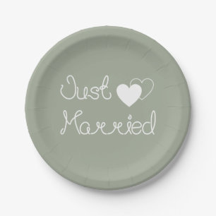 Grey Just Married With White Hearts Wedding Paper Plate