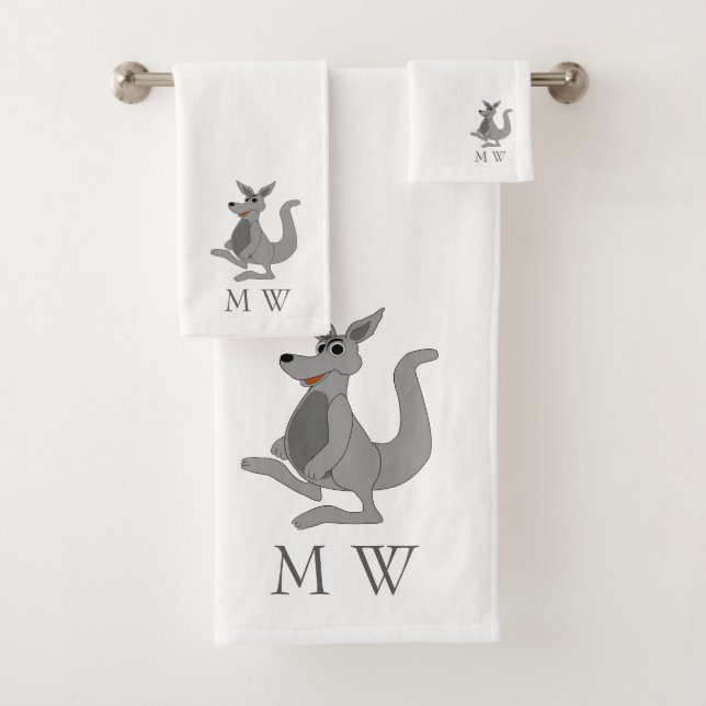 Grey Kangaroo Design Monogrammed Bath Towel Set (Insitu)