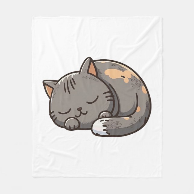 Grey kawaii Sleeping cat Fleece Blanket (Front)