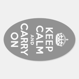 Grey Keep Calm and Carry On Oval Sticker