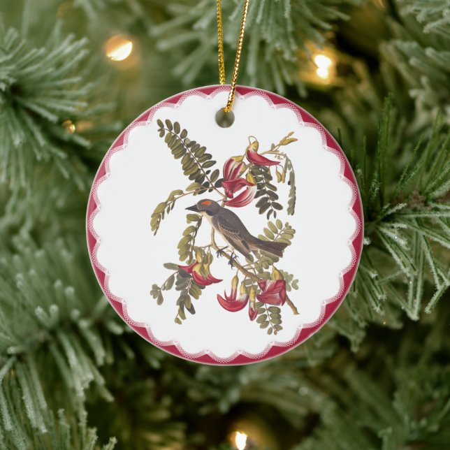 Grey Kingbird In Pink Flowering Hummingbird Tree Ceramic Ornament (Tree)