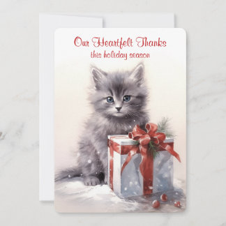 Grey Kitten Christmas Watercolor Holiday Card