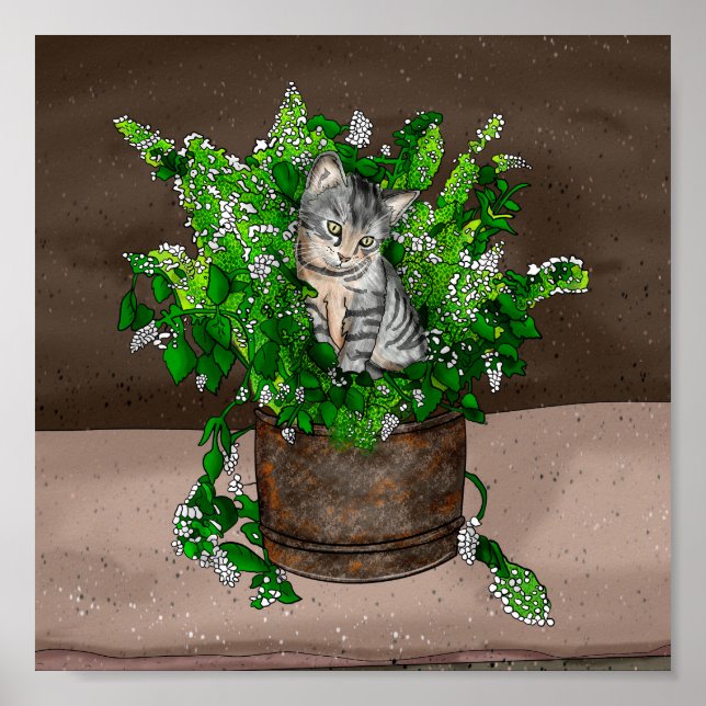 Grey Kitten in Bucket of Catnip   Poster (Front)