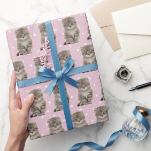 Grey Kitten On Polka Dots Wrapping Paper